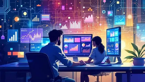 Modern office software engineers computer screens colorful data charts graphs