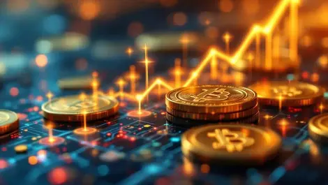 Golden coins digital circuit blockchain links upward growth graph