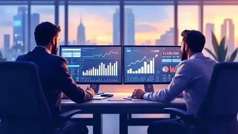 Modern us bank office bankers examining digital financial data charts ai analysis