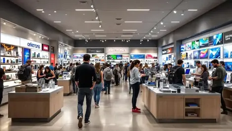 Busy uk electronics store shoppers browsing gadgets popular tech products