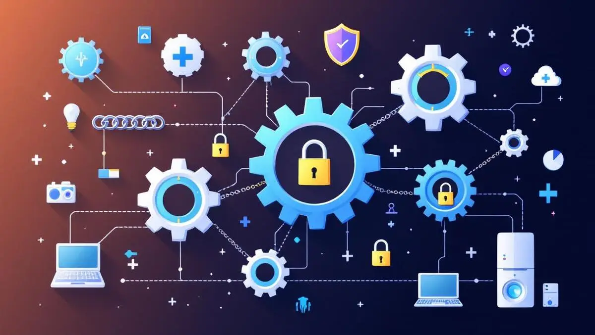 Illustration connected gears chains locks representing secure software supply chains with computers medical icons