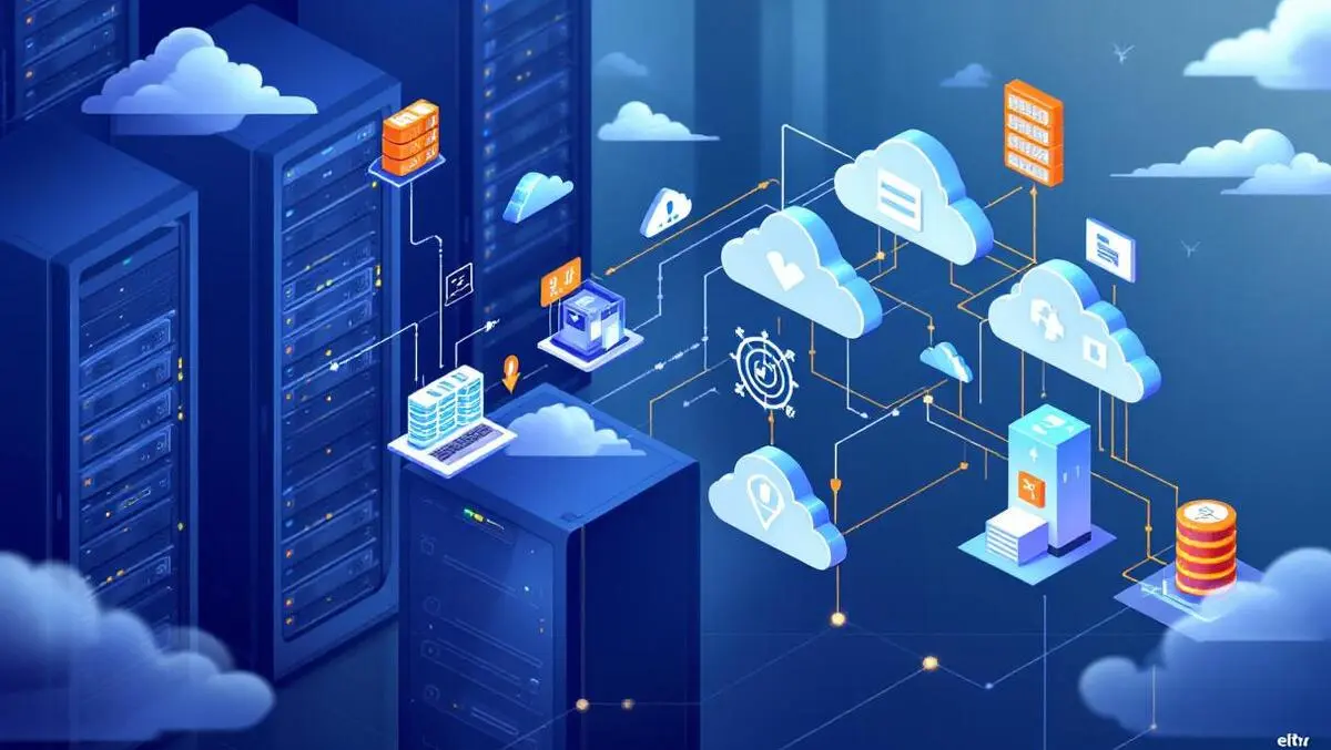 Illustration multiple server racks data center efficient data flow managed cloud storage automation structured digital storage