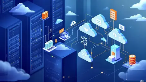 Illustration multiple server racks data center efficient data flow managed cloud storage automation structured digital storage