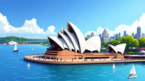 Realistic illustration sydney opera house tourists harbourfront blue sky water greenery australia