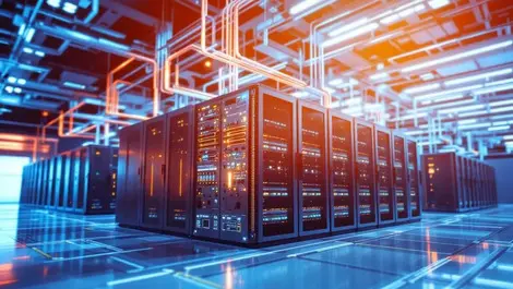 Realistic photo large data center server racks ups cooling energy cables