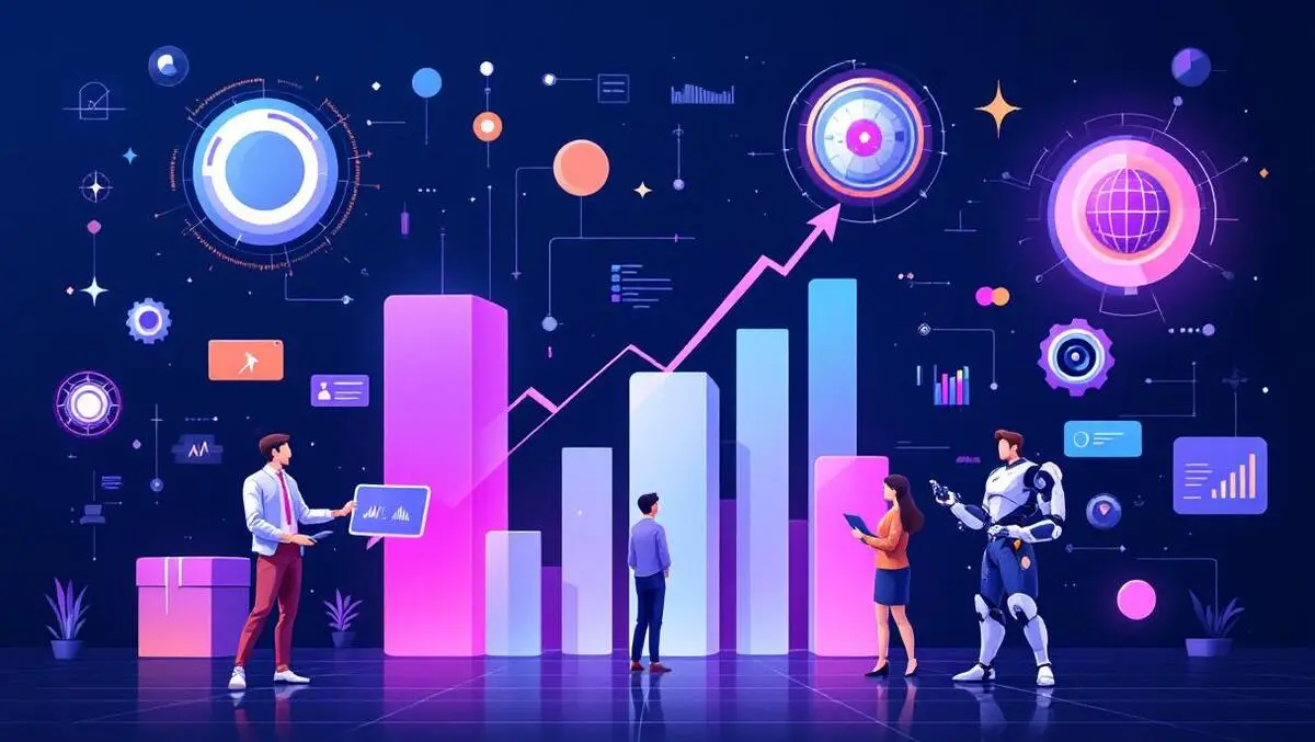 Stylized illustration team professionals modern technology robotics growth charts ai productivity