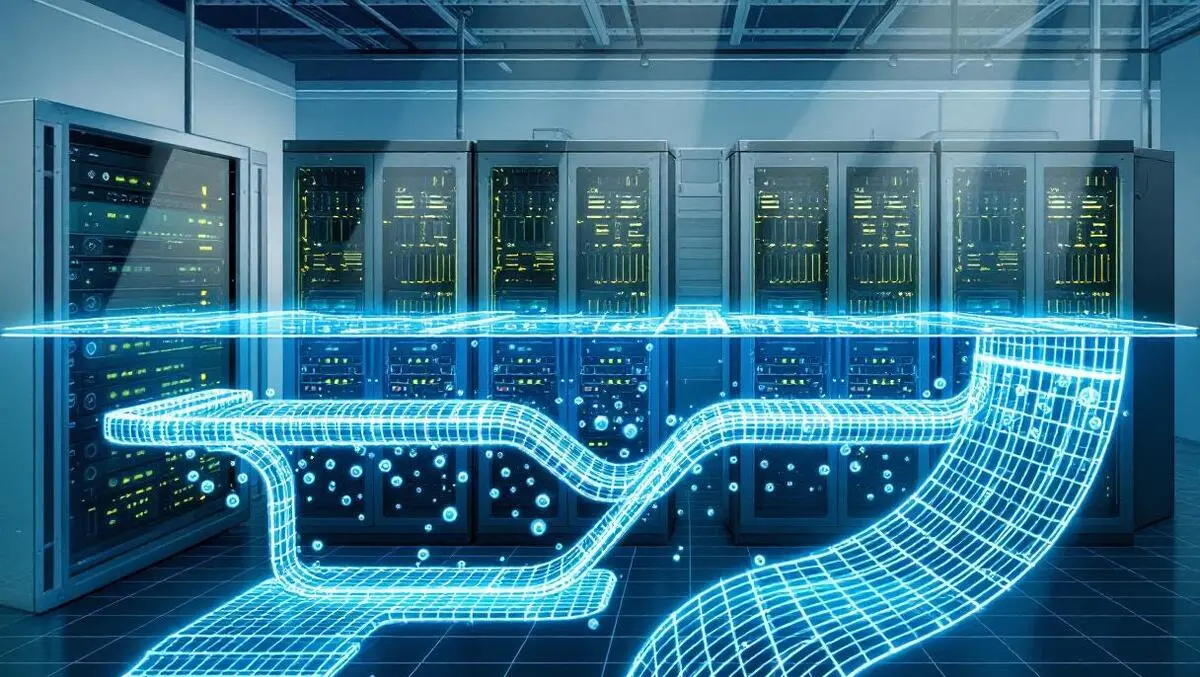 Modern data center server racks immersed in cooling fluid illustration