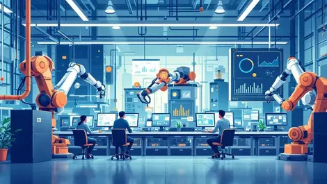 Modern energy efficient factory robotic arms data analysis digital screens