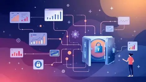 Interconnected data streams charts secure vault digital assistant speed security enterprise analytics