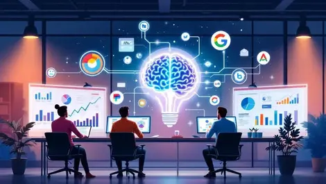Modern office marketers analyzing graphs ai brain connecting to brand logos