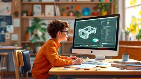 Young student designing 3d model at computer in bright classroom with sketches and tools
