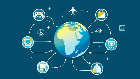 Illustration globe flowing arrows icons travel gaming retail digital payments