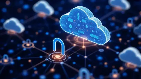 Interconnected cloud icons networked data nodes secure data flows digital locks