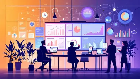 Modern office professionals analyzing data digital graphs network automation insurance risk assessment