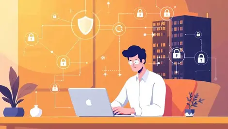 Professional working on laptop home cybersecurity shields locks secure network office