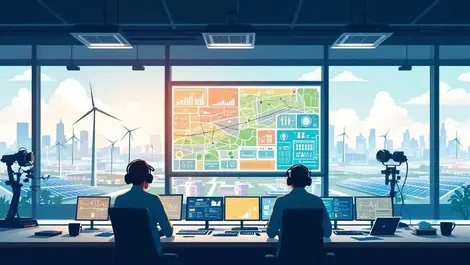 Modern electrical grid control room operators monitoring power network renewables