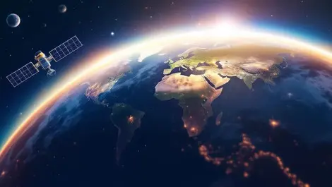 Mobile phone connecting to satellite global coverage earth continents