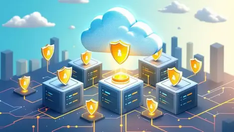 Secure cloud above interconnected data centers with shields symbolizing data protection uptime