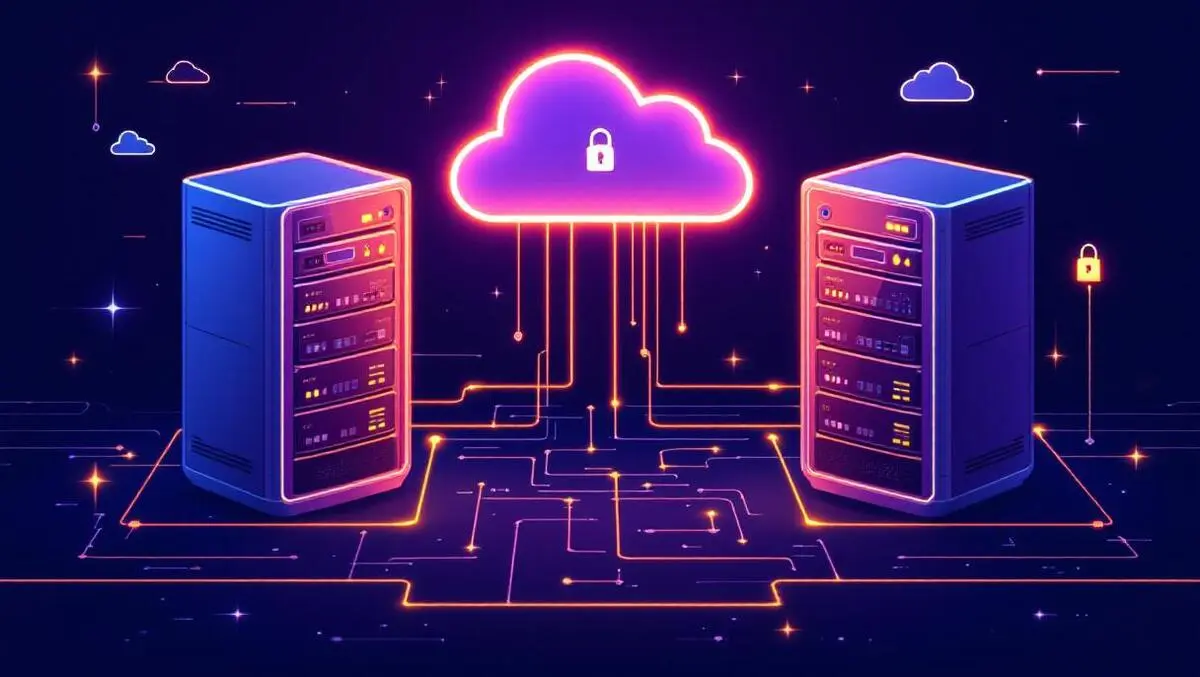 Two servers glowing cloud symbol secure locks digital network teamwork cloud computing security