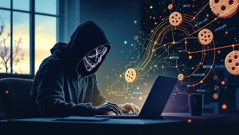 Masked figure using laptop dimly lit room glowing data lines cyber threats