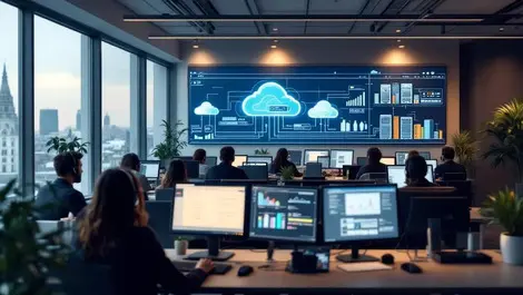 Modern french contact center cloud hybrid servers wall screens