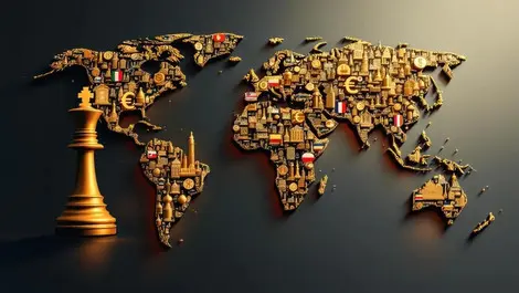 Global finance control chessboard map golden symbols flags