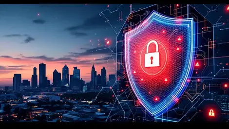 Australian city skyline cybersecurity shield rising cyber attacks