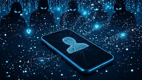 Moody phone cracked shield leaked data fragments hacker shadows