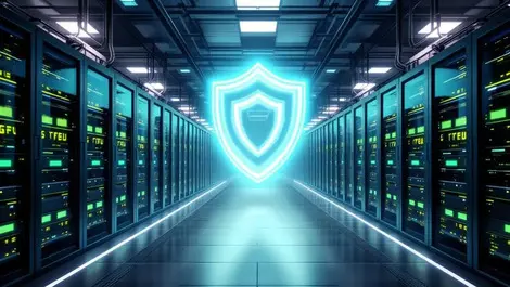 Realistic ai data center rows gpu racks with energy shield view