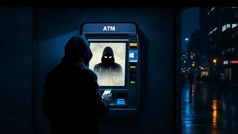 Nighttime atm suspicious face glow hooded smartphone windows ui