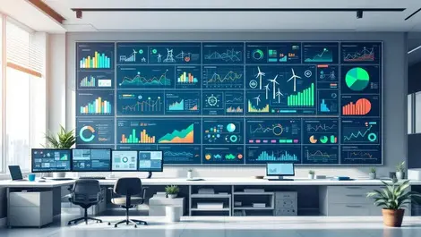 Modern energy control room wall of graphs renewables engineers