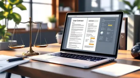 Sleek legal tech workspace laptop contract interface modern law firm