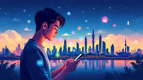 Asean young adult streaming on phone with 5g signals and landmarks