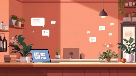 European shop interior laptop messaging analytics chat bubbles vector