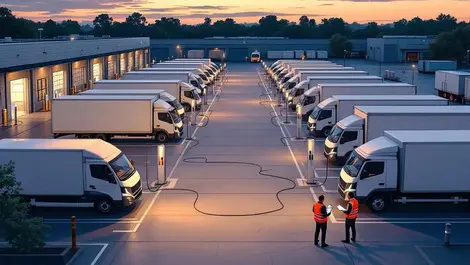 Electric logistics depot dusk charging vans trucks courtyard