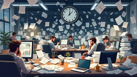 Cluttered marketing office stressed staff burnout time pressure