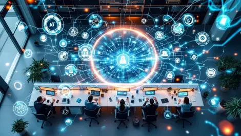 Overhead office ai tools data streams with glowing security shield