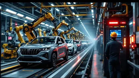 Car factory assembly line stoppage robotic arms smoking cabinet