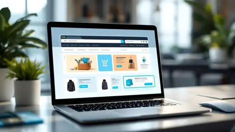 Laptop shoppable product grid with digital ad banners on desk