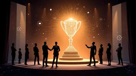 Cybersecurity awards stage glowing trophy business leaders na