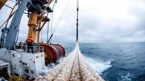 Deep sea cable repair ship lifting fibre optic cable on deck