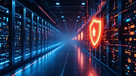 Modern datacenter gpu racks glowing tenant zones ai security shield