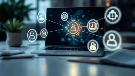 Modern office laptop central icon linked hr finance apps scene