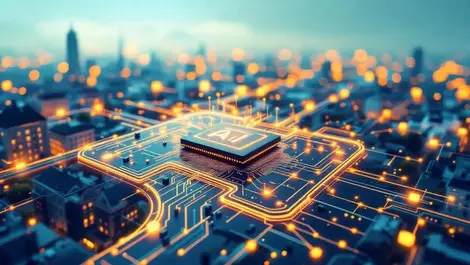 Edge ai chip city network sensors cameras cars buildings illustration