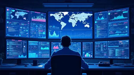 Overworked apac cybersecurity analyst night soc moody blue monitors