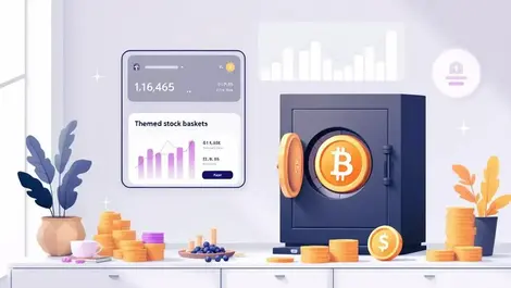 Dutch fintech interface hand selecting stock baskets crypto vault market charts